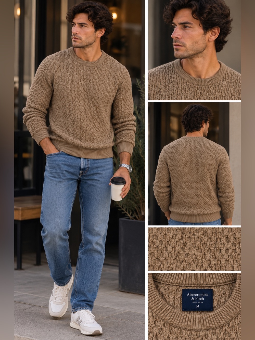 Abercrombie & Fitch Tan Honeycomb Knit Cotton Sweater Mens Sz M